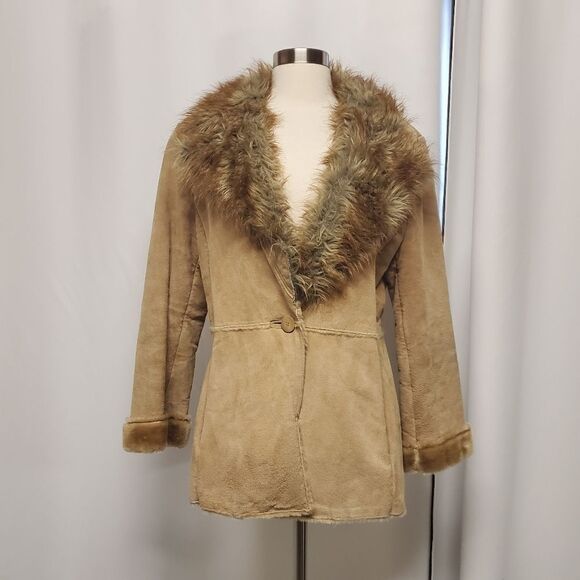 Vintage 90s y2k Penny Lane Style Tan Leather Faux Fur Collar Plush Jacket Md - Picture 1 of 7